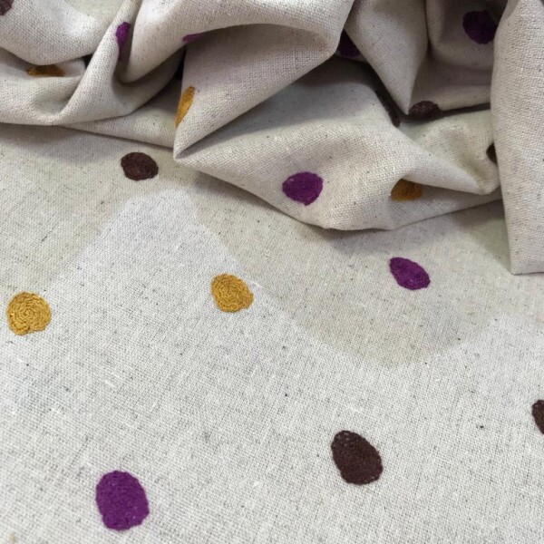 Linho Misto Natural Poá Roxo e Amarelo Bordado